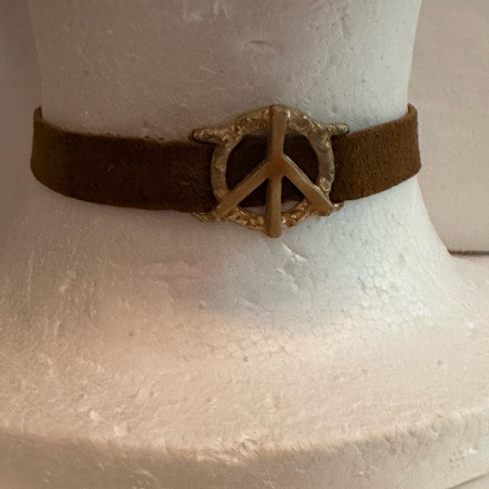 Vintage choker green brown suede gold hook closure ☮️ necklace - Picture 3 of 11